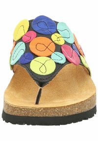 Le ciabatte nere hanno una base in sughero testurizzato, un inserto per le dita e una parte anteriore decorativa con forme astratte colorate in pelle scamosciata.
