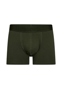 Mørkegrønne boxer shorts med en struktureret elastik i taljen, der har brandnavnet. Glat materiale, semi-fitted pasform og syninger.