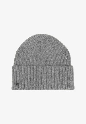 Gray knitted beanie with a folded cuff and a small round metal logo on the lower left side.