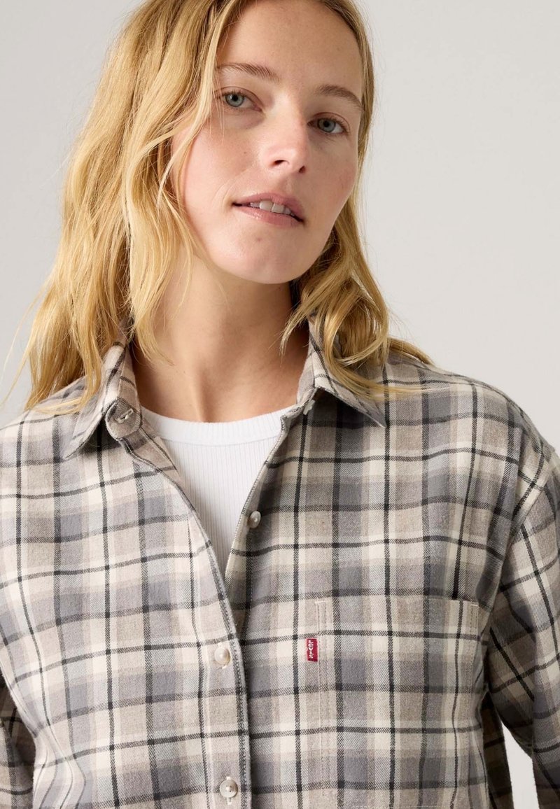 Camicia a quadri in flanella in tonalità di grigio e crema, con chiusura a bottoni, colletto relax e un piccolo logo rosso sulla tasca del petto.