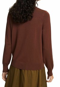 Pull en tricot marron avec manches longues et ajustées et ourlet côtelé, associé à une jupe verte, vu de dos. Texture douce, design simple.