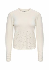 Maglione a maniche lunghe color crema con scollatura tonda, caratterizzato da decorazioni in perle e bead sparse nella parte inferiore.