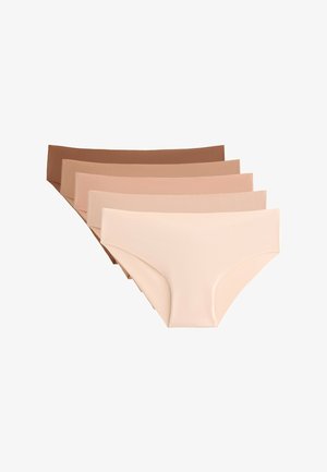 Five pairs of seamless, stretchy hipster underwear in varying shades of brown and nude, with a smooth texture and minimalist design.