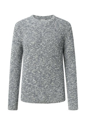 Grau-weißer melierter Strickpullover mit langen Ärmeln und einem gerippten Rundhalsausschnitt, dargestellt vor weißem Hintergrund.
