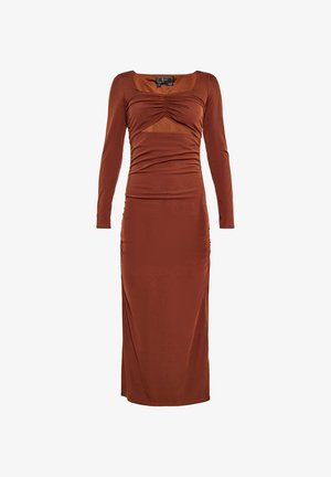 Długa, rdzawa sukienka z długim rękawem o dopasowanej sylwetce, z marszczonym dekoltem i kwadratowym wycięciem. Wykonana z gładkiego, elastycznego materiału.
