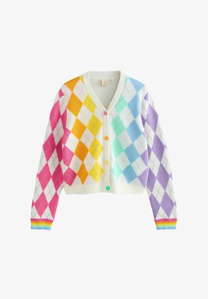 Värvikas lühendatud kardigan, millel on roosa, kollase, akvaariini ja lavendli tooni rombmuster valgel taustal ning kontrastsed ribakäised.