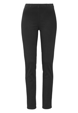 Schwarze Stretchleggings mit elastischem Bund, glatter Textur, schlanker Passform und ohne sichtbare Taschen oder Verzierungen.