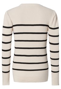 Pull à manches longues en maille côtelée crème avec des rayures horizontales noires uniformément espacées sur les manches et le corps, vu de dos.