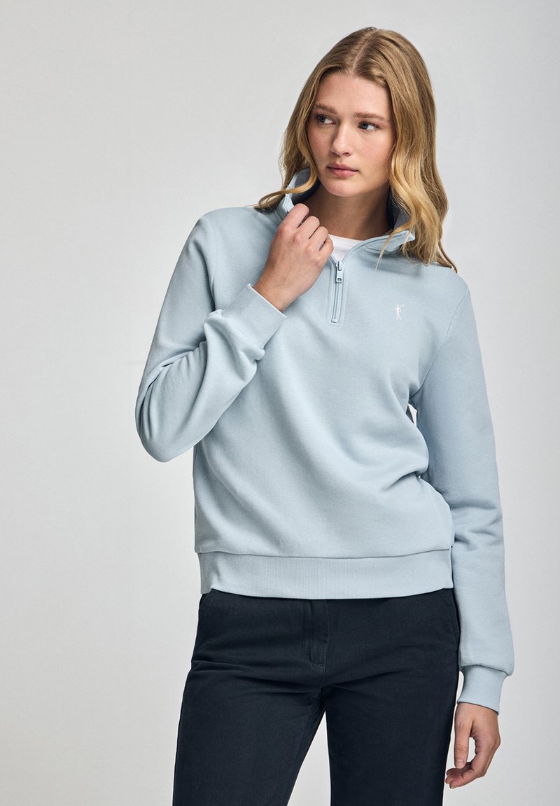 Light blue fleece pullover with a half-zip collar, ribbed cuffs, and hem. Features a small white logo on the chest. Soft texture.