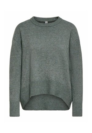 Pull gris tricoté à manches longues avec col rond côtelé, poignets et ourlet côtelé asymétrique, affiché sur fond blanc.
