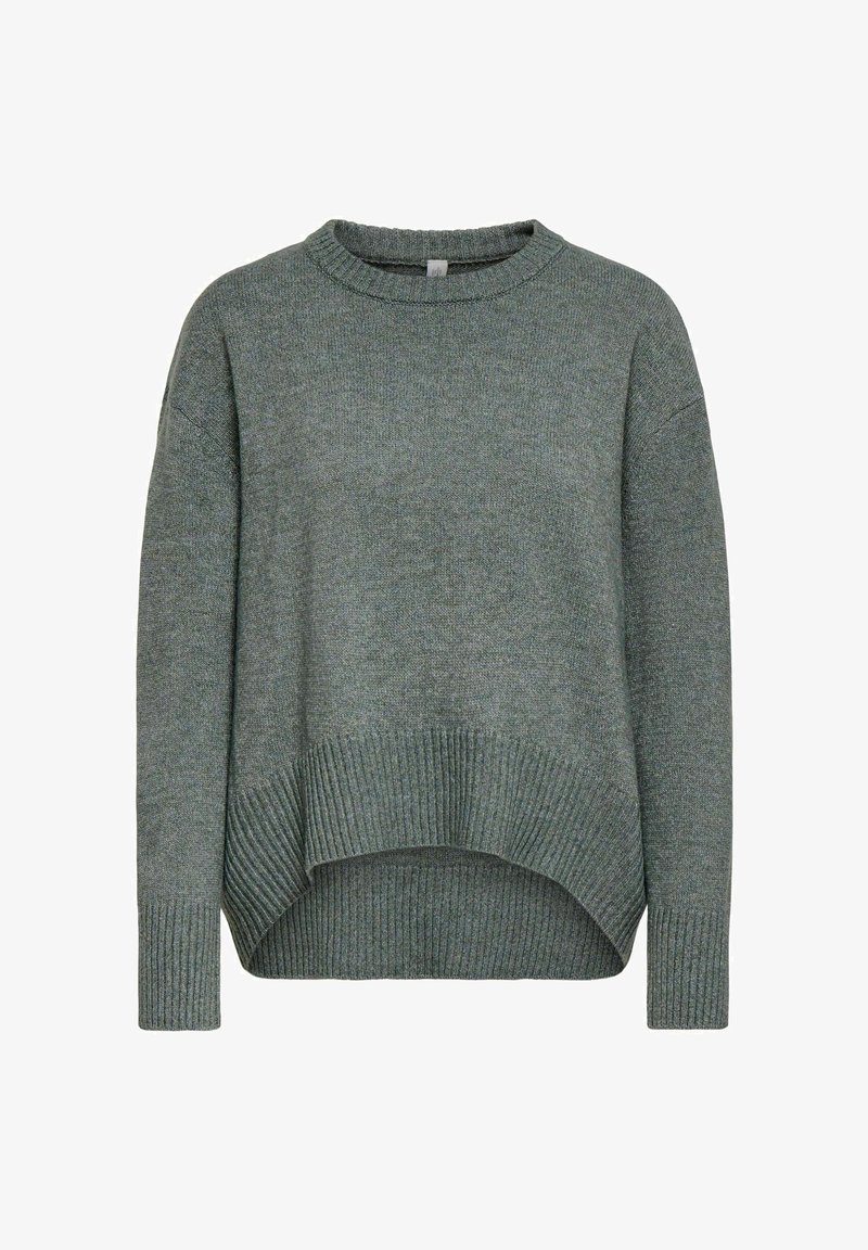 Pull gris tricoté à manches longues avec col rond côtelé, poignets et ourlet côtelé asymétrique, affiché sur fond blanc.
