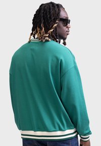 Groene sweatshirt van soepel stof, met een relaxte pasvorm, ribgebreide kraag en mouwen, en gestreepte accenten aan de zoom.