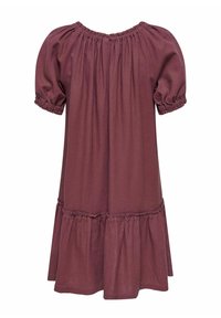 Robe courte à manches courtes violette avec encolure froncée, poignets élastiques et ourlet à volants, conçue avec une coupe ample et confortable.