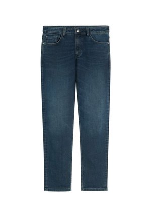 Ciemnoniebieskie proste dżinsy z kieszeniami z przodu i z tyłu, szlufkami na pasek oraz zapięciem na guzik.