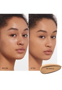 Two side-by-side portraits showing skin before and after application of foundation. A beige cream shade labeled "350 MAPLE" is included.