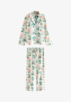 Twee-delig lichtgewicht pyjama set met een knoopsluiting bovenstuk met lange mouwen en broek met elastische taille, voorzien van een kleurrijk dieren- en boompjespatroon op wit.