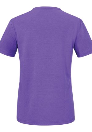 Purple short-sleeve T-shirt with a crew neck, featuring a textured fabric pattern and straight hem, designed for casual wear.