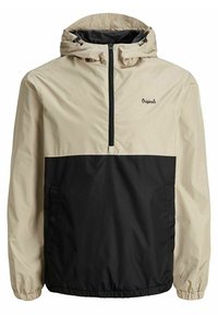 Beige en zwarte windjack met capuchon, halve ritssluiting aan de voorkant en elastische manchetten, met het "Originals"-logo op de borst.