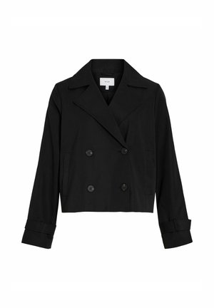 Musta leikattu kaksirivinen bleiser leveillä kauluksilla, pitkillä hihoilla, napitetuilla kalvosimilla ja sivutaskuilla, suunniteltu Vilalta.