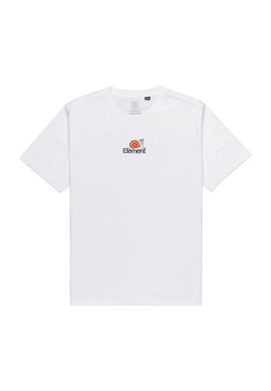 Weißes Baumwoll-T-Shirt mit einem kleinen orange-schwarzen Grafikdesign eines Schnecken und dem Wort "Element" auf der Brust gestickt. Kurze Ärmel.