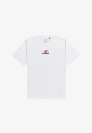 Camiseta de algodón blanca con un pequeño gráfico en naranja y negro de un caracol y la palabra "Element" bordada en el pecho. Mangas cortas.