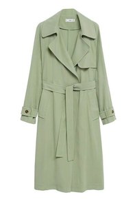 Vaaleanvihreä trench-coat, jossa on levenevä kaulus, pitkät hihat, vyötärölle sidottava vyö ja napitettu hihansuu. Valmistettu sileästä kankaasta, jossa on sivutaskut.