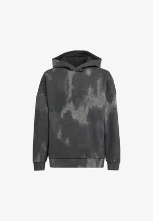 Haut à capuche gris avec une surface texturée et un motif subtil, capuche ajustable, et poignets et ourlet côtelés. Le matériau semble doux et durable.