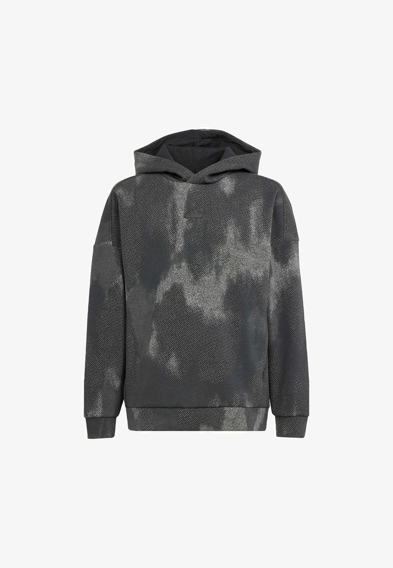 Haut à capuche gris avec une surface texturée et un motif subtil, capuche ajustable, et poignets et ourlet côtelés. Le matériau semble doux et durable.