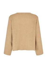 Beiger Strickpullover mit langen Ärmeln, geradem Saum und weitem Rundhalsausschnitt, Rückansicht.