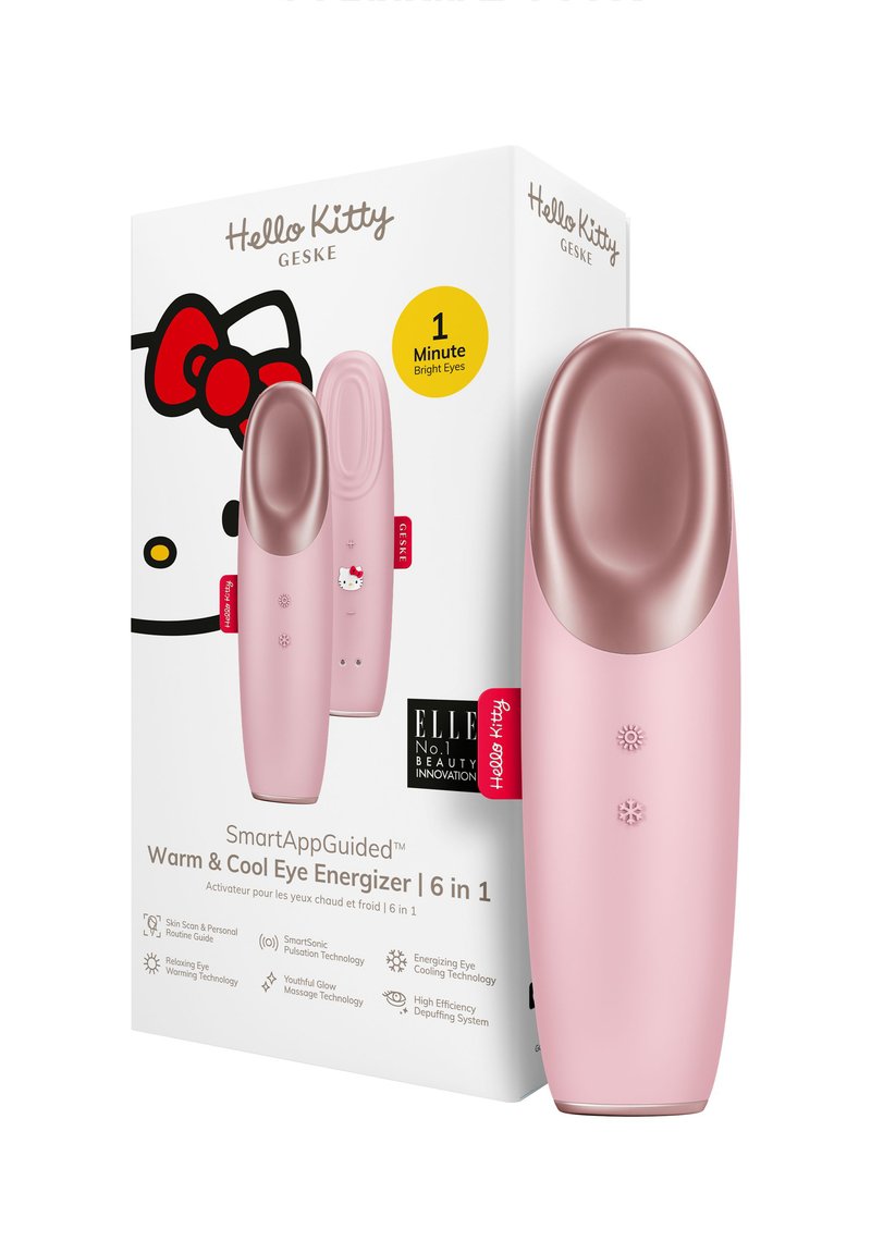 Hello Kitty SmartAppGuided Énergiseur oculaire chaud et froid, rose avec un design arrondi, écran tactile et détails accentués. La boîte présente des graphismes vibrants.