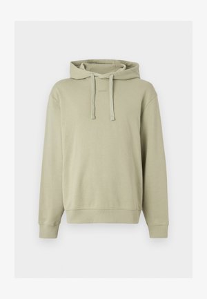 Felpa leggera beige chiaro con cappuccio, coulisse frontali e logo in rilievo discreto sul petto, con maniche lunghe e polsini e orlo a costine.