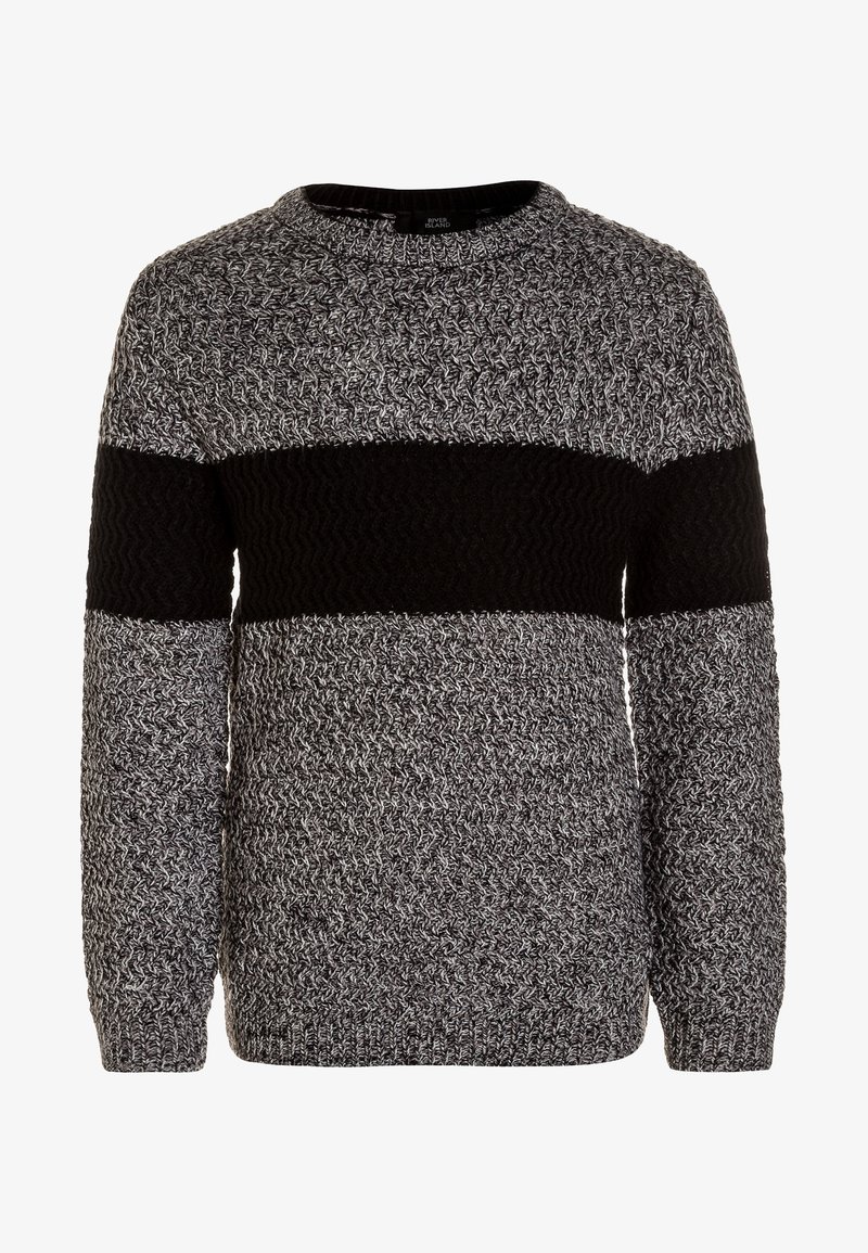 Pull en maille pour homme gris et noir avec une large bande horizontale noire traversant la poitrine et le haut des bras.