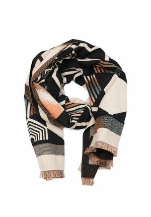Sciarpa con motivo geometrico multicolore, che presenta sfumature di nero, crema e ruggine. Realizzata in materiale morbido, con bordi frangiati e forme diverse.