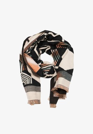 Sciarpa con motivo geometrico multicolore, che presenta sfumature di nero, crema e ruggine. Realizzata in materiale morbido, con bordi frangiati e forme diverse.