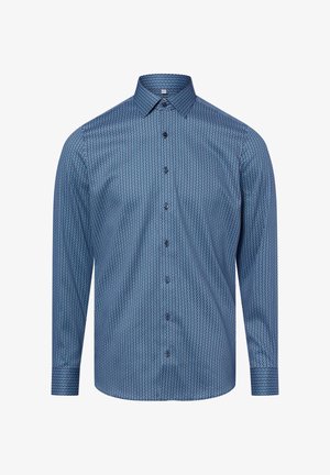 Langärmeliges Hemd aus blauem Stoff mit geometrischem Muster, ausgestattet mit spitzem Kragen, Knopfleiste und kontrastierenden Knopfakzenten.