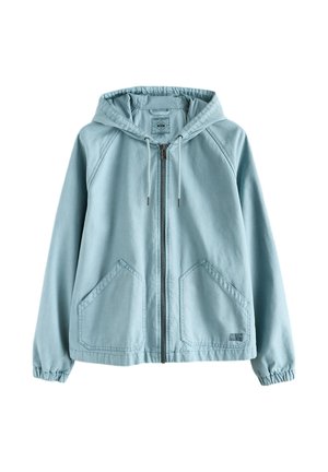 Light blue hooded jacket with front zipper, two large front pockets, elastic cuffs, and drawstrings on the hood.