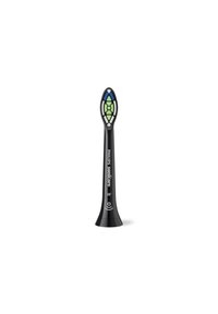 Tête de brosse à dents Philips Sonicare, en plastique noir, forme ovale allongée, avec une zone de poils multicolore vert et bleu et des accents blancs.