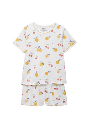 Ensemble haut à manches courtes et short blanc avec motif de cerises jaunes, orange et rouges et surpiqûres jaunes festonnées sur les bords.