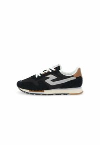 Baskets de course noires en tissu texturé, avec des accents argentés, des lacets blancs et un onglet de talon marron. Comprend une semelle intermédiaire blanche et une semelle extérieure noire.