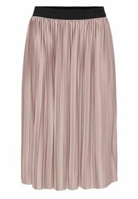 Plissé midi-rok van zachtroze stof met een zwarte elastische tailleband. Heeft verticale plooien voor textuur en beweging.