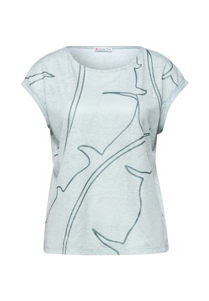 Haut bleu clair à manches courtes avec dessins abstraits de lignes foncées et col rond, étiqueté "Street One" à l'intérieur du col.