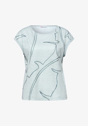 Hellblaues kurzärmeliges Oberteil mit abstrakten dunklen Linienzeichnungen und rundem Ausschnitt, mit dem Label „Street One“ am inneren Kragen.