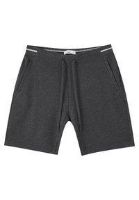 Shorts de sport gris foncé en tissu texturé. Ils sont dotés d'un cordon de serrage réglable, de deux poches latérales et d'un design simple.
