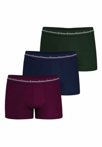 Ensemble de boxers en vert foncé, bleu marine et bordeaux. Fabriqué en tissu doux avec des ceintures élastiques comportant un texte logo blanc.
