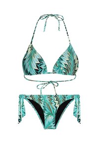 Zweiteiliger Badeanzug mit einem türkis- und braunfarbenen Blättermuster, Halter-neck-Stil, mit Bindebändern am Nacken und an den Seiten sowie kontrastierenden schwarzen Akzenten.