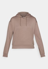 Sudadera con capucha marrón de manga larga, hecha de tela suave, con capucha ajustable con cordón, puños acanalados y corte holgado. Detalle sutil del logo en el dobladillo.