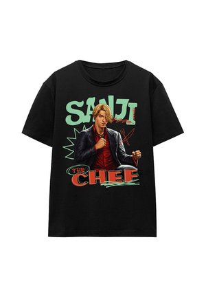 Schwarzes T-Shirt mit einem blonden Mann im Anzug, der eine Gabel und ein Messer hält, mit dem Text "SANJI" und "THE CHEF" in Grün und Rot.