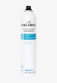 Curlsmith Flawless Finish Haarspray in einer weißen zylindrischen Dose mit schwarzen und türkisfarbenen Etiketten, ausgestattet mit einem Sprühkopf und einer starken Haltbarkeitseinstufung.