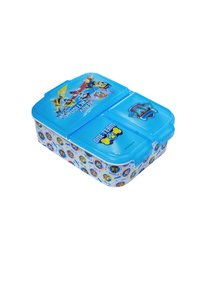 Blauwe plastic lunchtrommel met een deksel in twee secties, voorzien van geanimeerde figuren en cirkelpatronen. De basis is versierd met kleurrijke figuren-iconen.