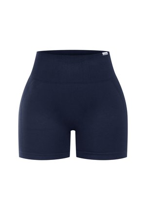 Navy blauwe nauwsluitende shorts met een brede ribgebreide tailleband. Gemaakt van een zachte, rekbare stof, met een gladde textuur en zonder zichtbare patronen.